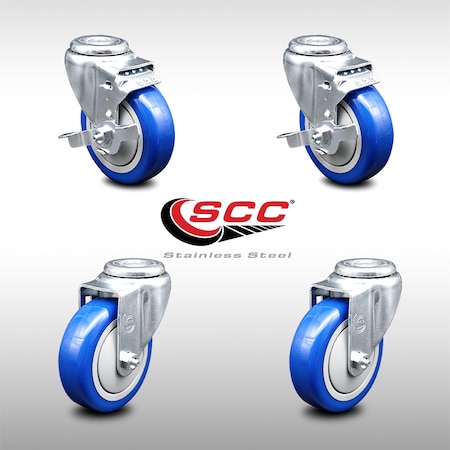 Service Caster 4 Inch SS Blue Polyurethane Wheel Swivel Bolt Hole Caster Set with 2 Brake SCC SCC-SSBH20S414-PPUB-BLUE-TLB-2-S-2